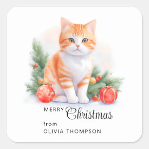 Adesivo Quadrado Gatinho de cor laranja-branca Feliz Natal