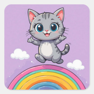 Adesivo Quadrado Gatinho de desenho animado adorável saltando alegr