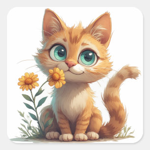 Adesivo Quadrado Gatinho de Desenho Animado com Jardim de Flores 🐾