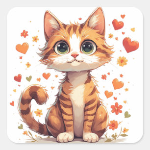 Adesivo Quadrado Gatinho de Desenho Animado Fofo Com Corações Flora