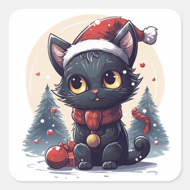 Adesivo Quadrado Gatinho de Natal em Wonderland de inverno (Frente)