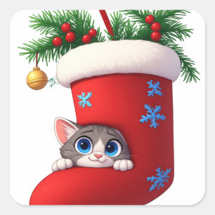 Adesivo Quadrado 🎄 Gatinho de Natal Fofo se Escondendo na Meia 🐾