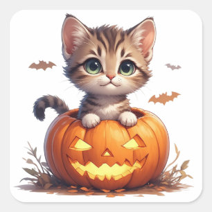 Adesivo Quadrado Gatinho Dentro da Abóbora Halloween 🎃