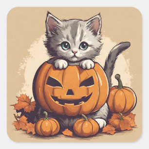 Adesivo Quadrado Gatinho do Dia das Bruxas e Jack-O'-Lanterna