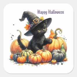 Adesivo Quadrado Gatinho do Dia das Bruxas Negro com Pumpkins e Cha