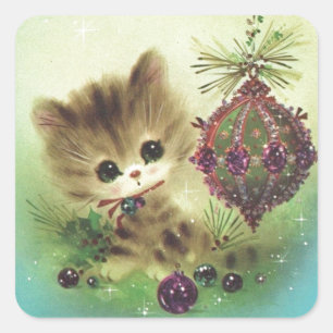 Adesivo Quadrado Gatinho do Pastel do meio século do natal vintage