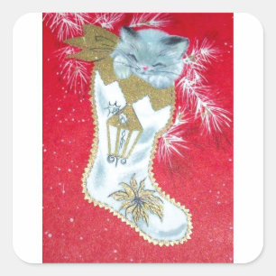 Adesivo Quadrado Gatinho do Pastel do meio século do natal vintage