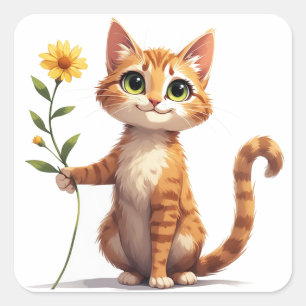 Adesivo Quadrado Gatinho Feliz Segurando Flor Amarela 🌺