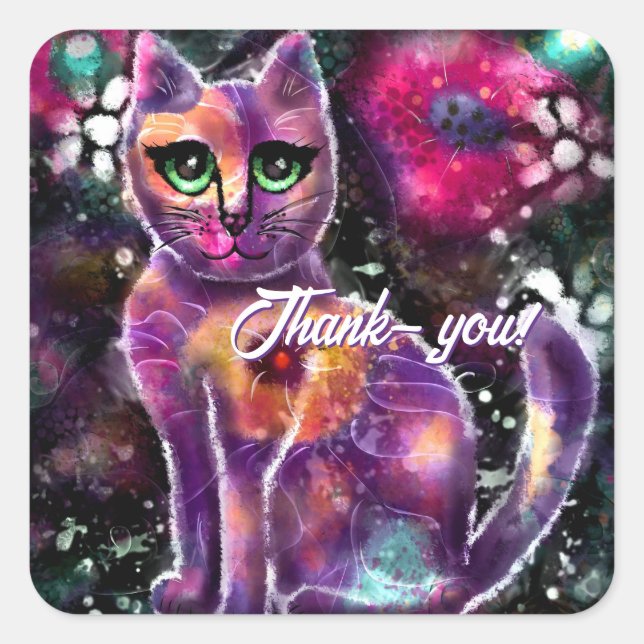 Adesivo Quadrado Gatinho Floral Abstrato de Whimsso Gato Preto Rosa (Frente)