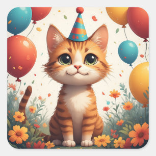 Adesivo Quadrado Gatinho Fofinho de Festas Com Flores e Balões 🎂