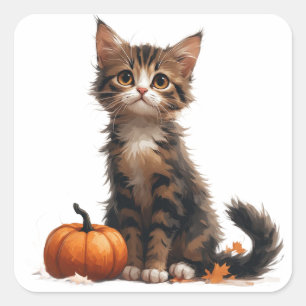 Adesivo Quadrado Gatinho Fofo ao Lado de Abóbora Halloween 🎃