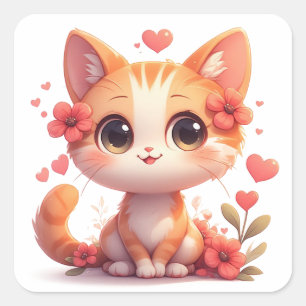 Adesivo Quadrado Gatinho Fofo Com Corações E Flores Feliz Gato 🐱