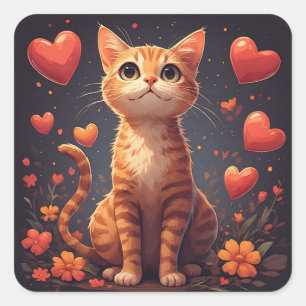 Adesivo Quadrado Gatinho Fofo Com Corações E Flores Para Sorrisos �