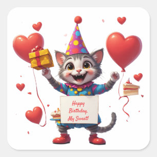 Adesivo Quadrado Gatinho Fofo de Aniversário com Presente e Placa �