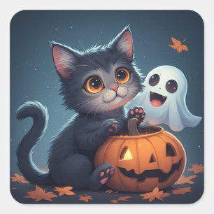 Adesivo Quadrado Gatinho Fofo de Halloween com Fantasma e Abóbora �