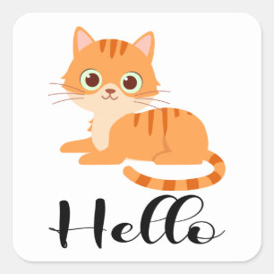 Adesivo Quadrado Gatinho Fofo Laranja Tabby Desenho Animado Olá Gat