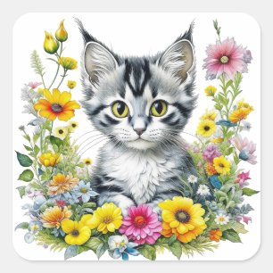 Adesivo Quadrado Gatinho Fresco Cercado por Flores