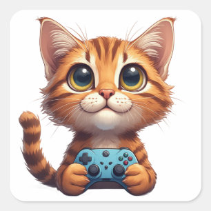 Adesivo Quadrado Gatinho Laranja Segurando Controle de Jogo Gato Ga