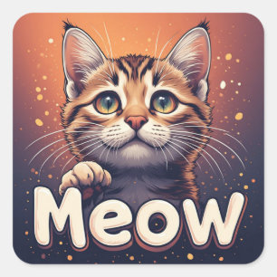 Adesivo Quadrado Gatinho Listrado Com Olhos Grandes E Citação Meow