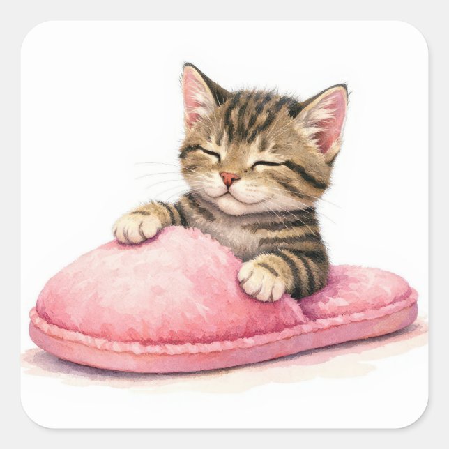 Adesivo Quadrado Gatinho Listrado Dormindo em uma Chinela Rosa (Frente)