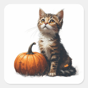 Adesivo Quadrado Gatinho Listrado No Cenário de Halloween do Pomar