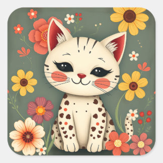 Adesivo Quadrado Gatinho Malhado Feliz com Flores