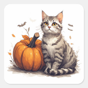 Adesivo Quadrado Gatinho Malhado Fofo Com Diversão de Halloween de