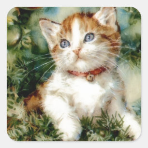 Adesivo Quadrado Gatinho na árvore de Natal