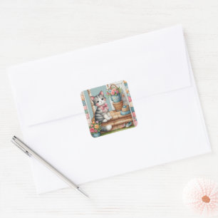 Adesivo Quadrado Gatinho no Alpendre Cena Floral Patchwork