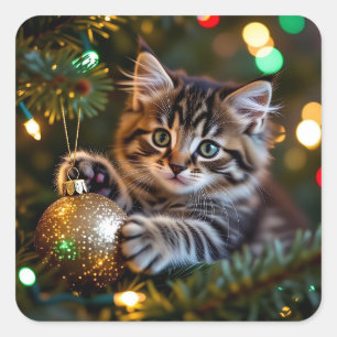 Adesivo Quadrado Gatinho no Natal árvore  