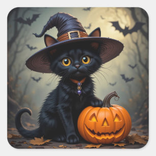 Adesivo Quadrado Gatinho Preto de Halloween com Chapéu de Bruxa de 