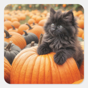 Adesivo Quadrado Gatinho Preto de Halloween em uma Abóbora
