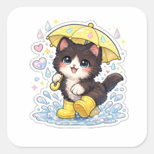 Adesivo Quadrado Gatinho Preto e Branco Kawaii Fofo com Guarda-chuv