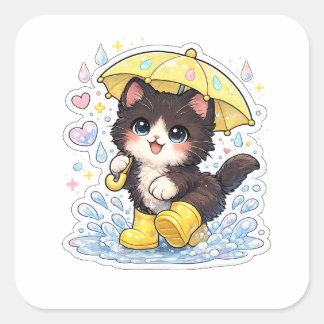 Adesivo Quadrado Gatinho Preto e Branco Kawaii Fofo com Guarda-chuv