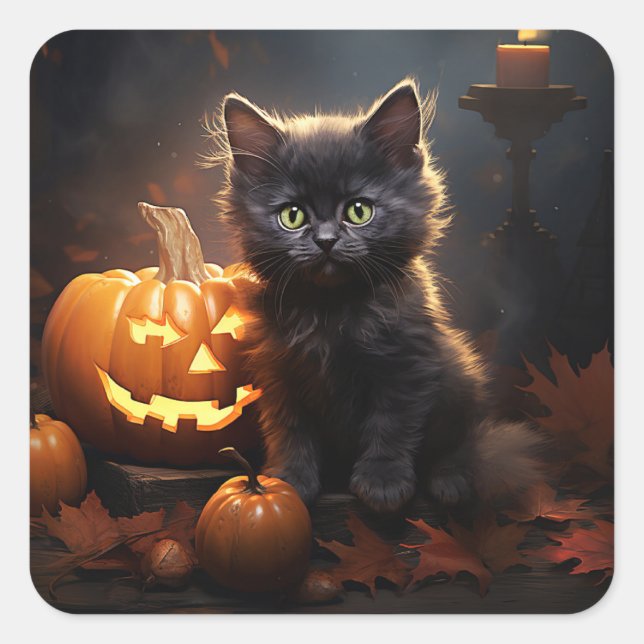 Adesivo Quadrado Gatinho Preto e Jack-O-Lantern, Folhas de Outono  (Frente)