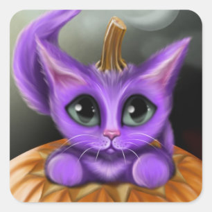 Adesivo Quadrado Gatinho roxo do Dia das Bruxas