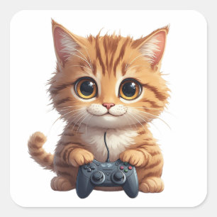 Adesivo Quadrado Gatinho Segurando Controle de Jogo Gato Gamer