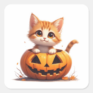 Adesivo Quadrado Gatinho Sorridente no Halloween do Campo de Abóbor
