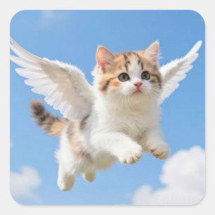 Adesivo Quadrado Gatinho Voador Fofo Calico Tabby Céu Azul