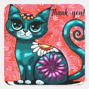 Adesivo Quadrado Gatinho Whimsso Sentado em Rã Teal Floral