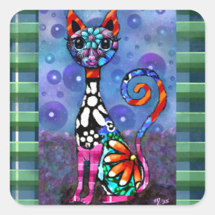 Adesivo Quadrado Gato Abstrato Funky de Olhos Grandes e Caprichoso