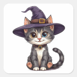 Adesivo Quadrado Gato Adorável com Chapéu de Bruxa