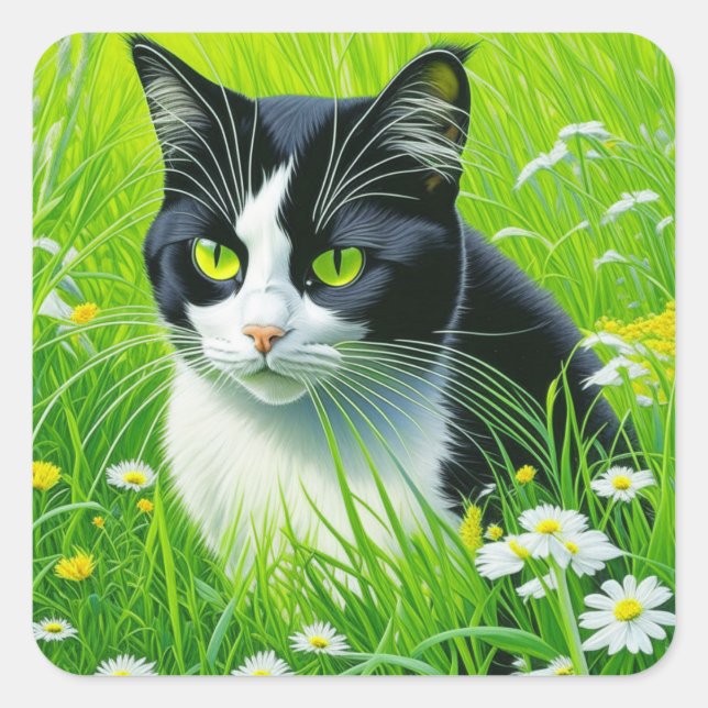 Adesivo Quadrado Gato Adorável Personalizado em um campo de Daisies (Frente)