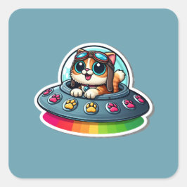 Adesivo Quadrado Gato Arco-Íris de UFO
