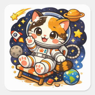 Adesivo Quadrado Gato Astronauta Fofo   Ilustração de Gato Espacial