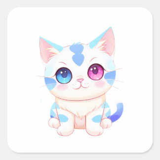 Adesivo Quadrado Gato Azul Adorável e de Olhos Rosa