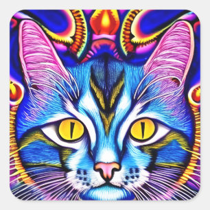Adesivo Quadrado Gato Azul Colorido com Olhos Vermelhos Arte Ai