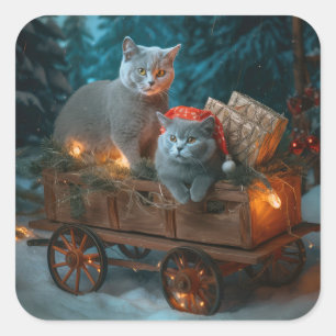 Adesivo Quadrado Gato Azul Russo Trenó Nevado Decoração de Natal