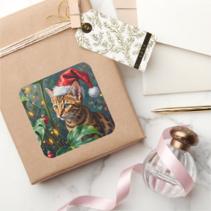 Adesivo Quadrado Gato Bengala Exótico Arte de Natal Jungle Playtime
