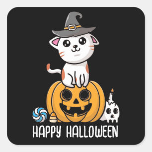 Adesivo Quadrado Gato Bonito Sentado no Halloween de Pumpkin